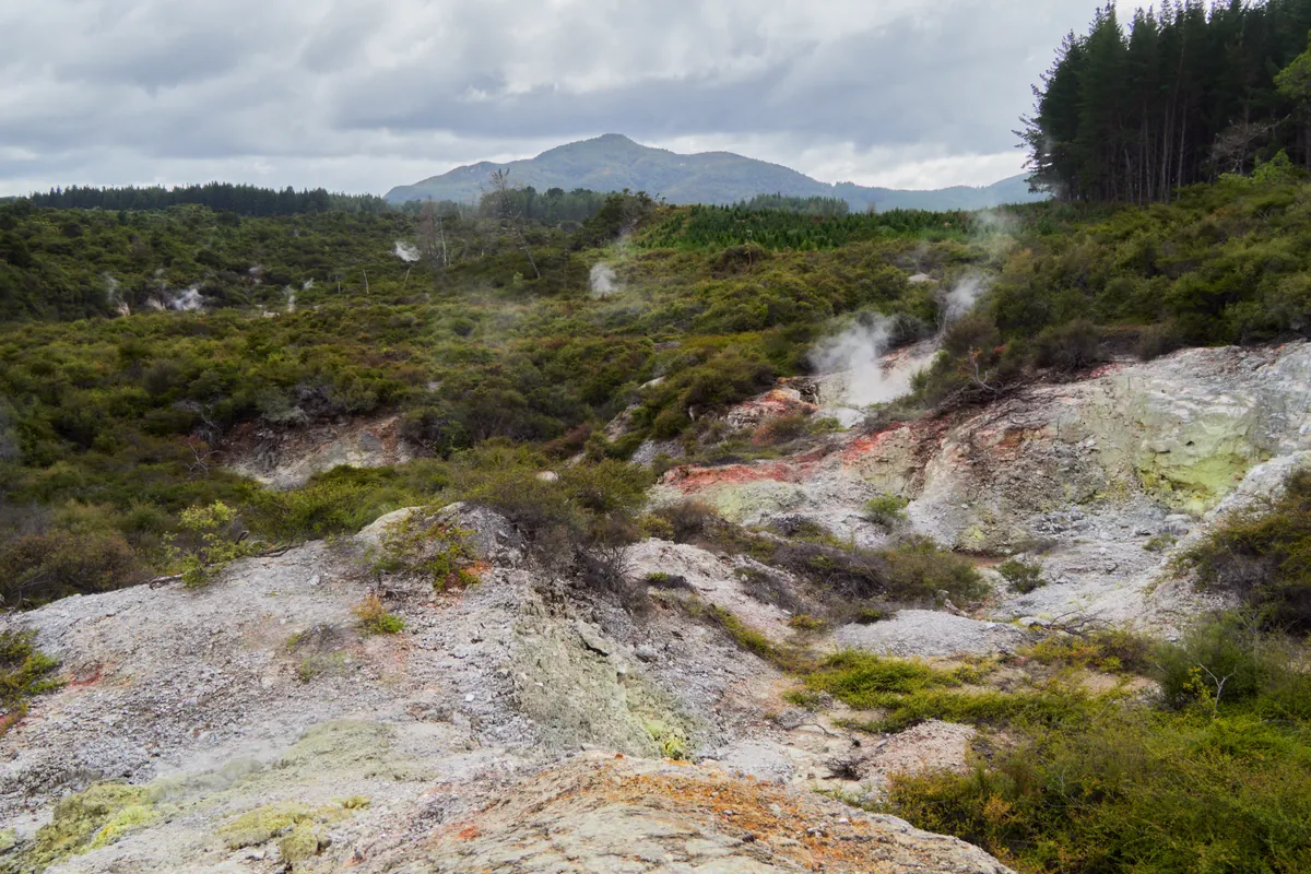 Piscinas geotérmicas a vapor, com cores vibrantes, em Waiotapu, perto de Rotorua, na Nova Zelândia
